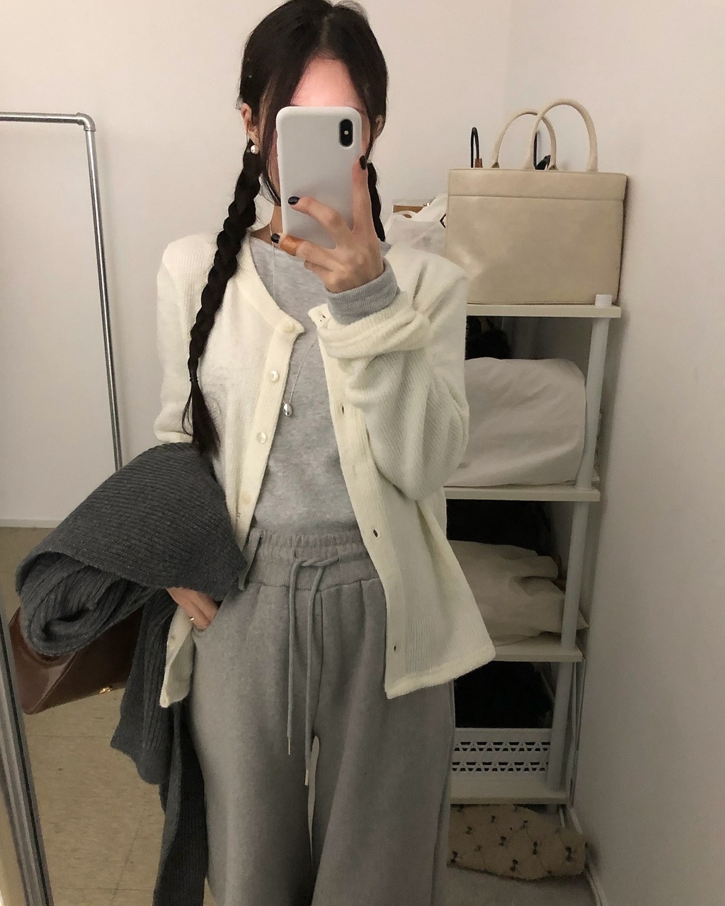 칼머 여성 울 겨울 노카라 라운드 루즈핏 레이어드 이너 가디건 - 상세 이미지 3