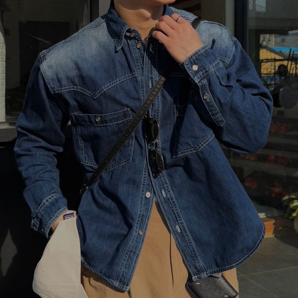 아웃핏 남자 웨스턴 데님 셔츠 2color 크롭 - 상세 이미지 4