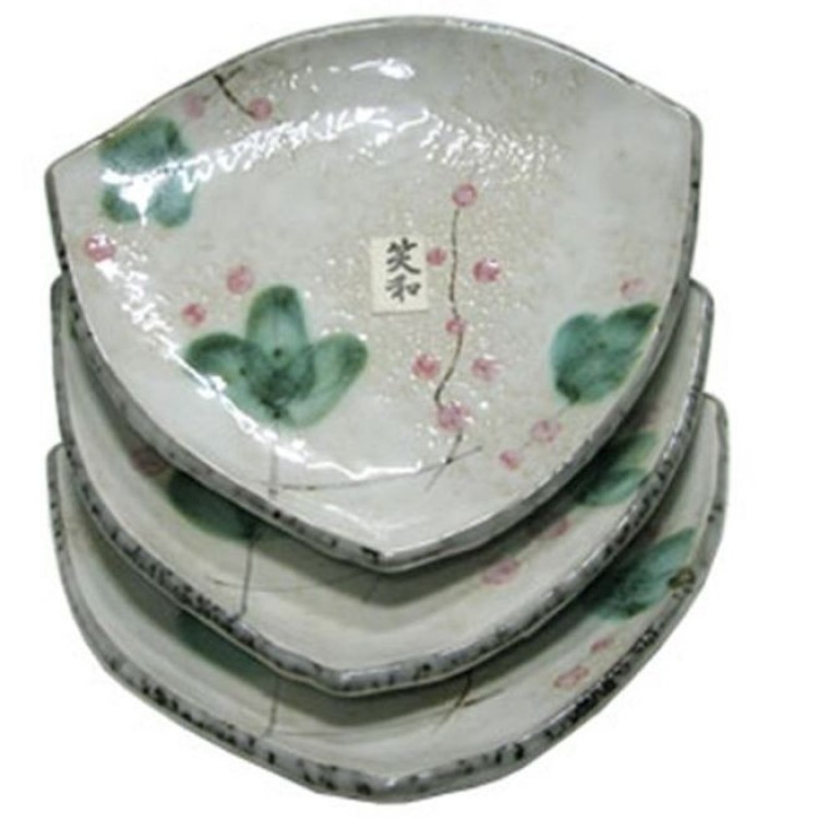 눈꽃 홍매화 삼각 접시 3개 24cm 쿠프 대접 그릇 찬기 - 메인 이미지
