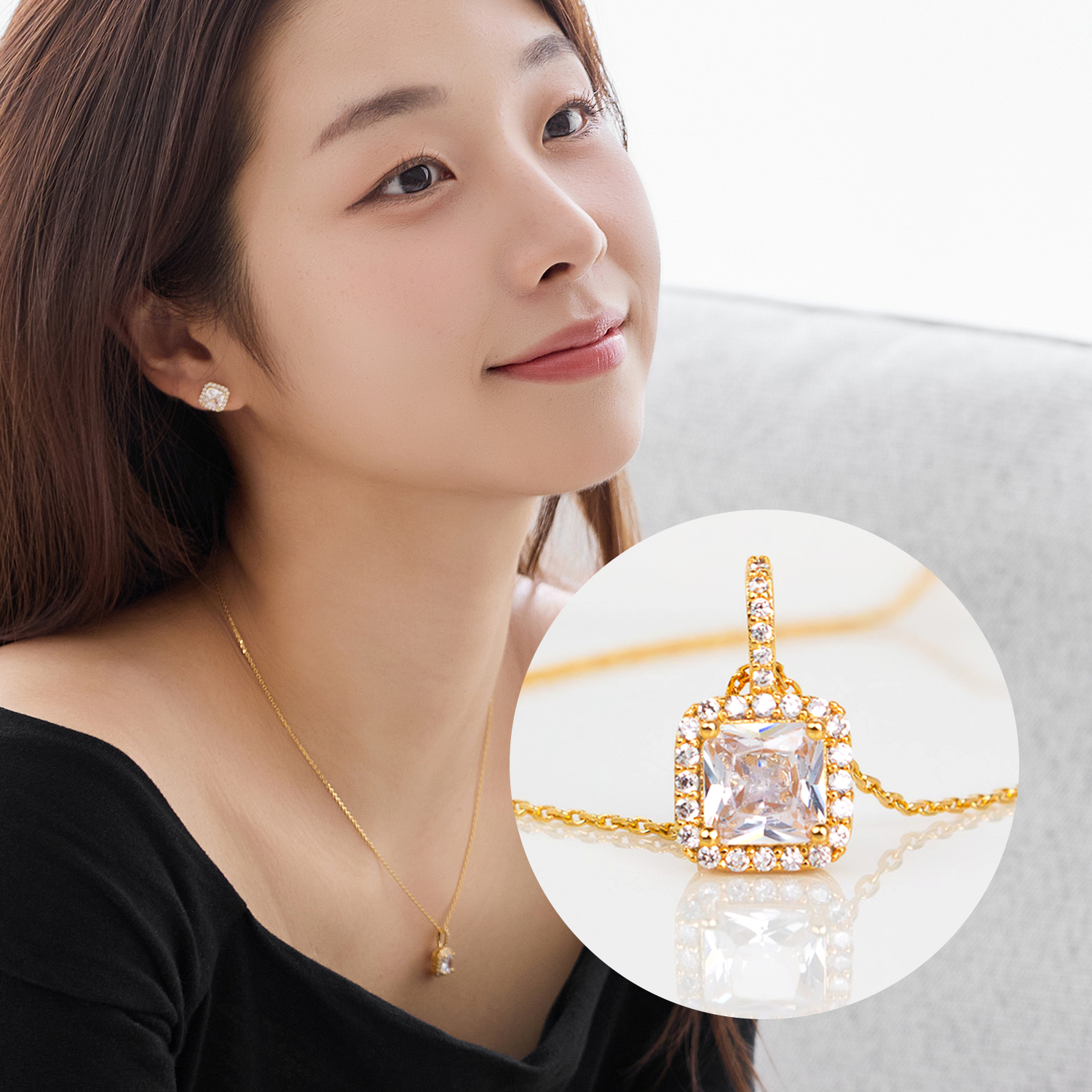 루블리 다이아몬드 글로우 스퀘어 여성 목걸이 브라스 18k 골드 도금 여자 선물 - 상세 이미지 2