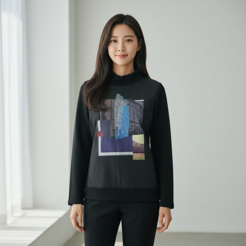 엄마옷 조이마담 T51819 패딩배색 셔링넥 기모 티셔츠 중년여성의류 - 메인 이미지