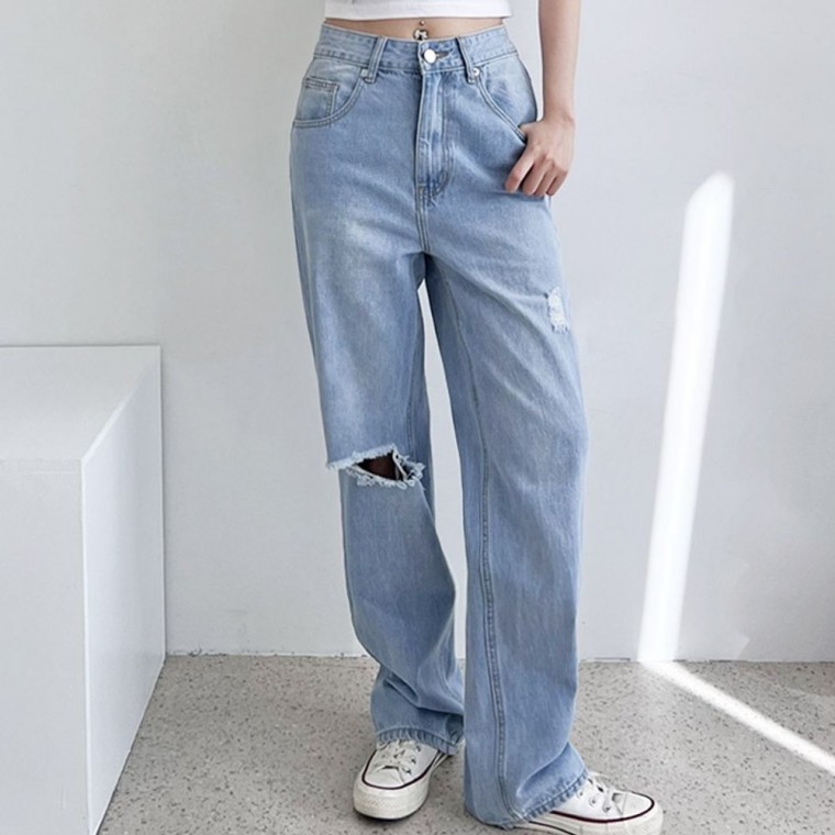 와이드 여자 청바지 찢어진 여성 데님 팬츠 - 상품 이미지