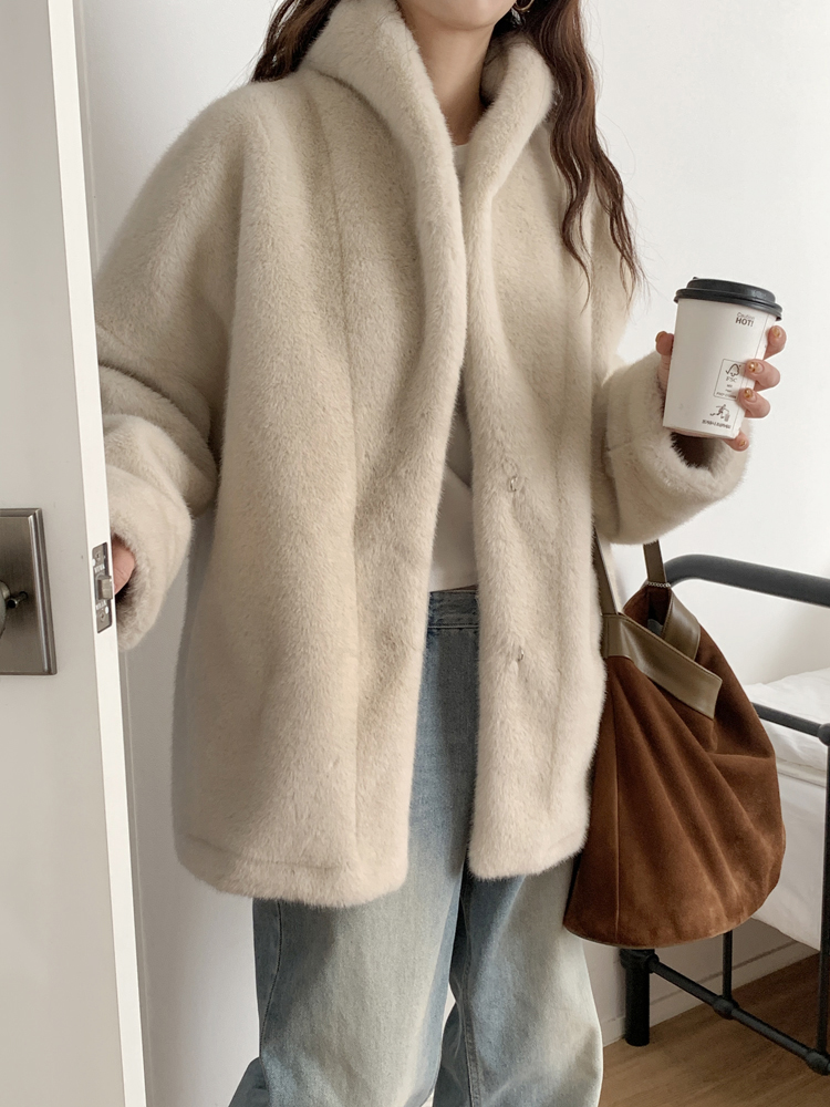 부드러운 밍크 에코 페이크 퍼 자켓 무스탕 오버핏 숄카라 여성 겨울 자켓 - 상품 이미지