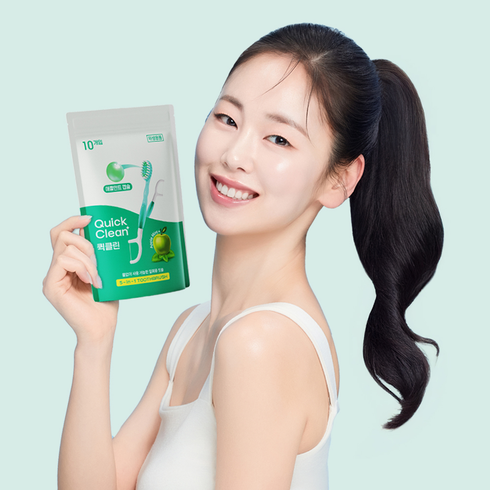 퀵클린 애플민트향 물없이 사용하는 일회용 미니 칫솔 휴대용 개별포장 10개입, 1개 - 상세 이미지 4