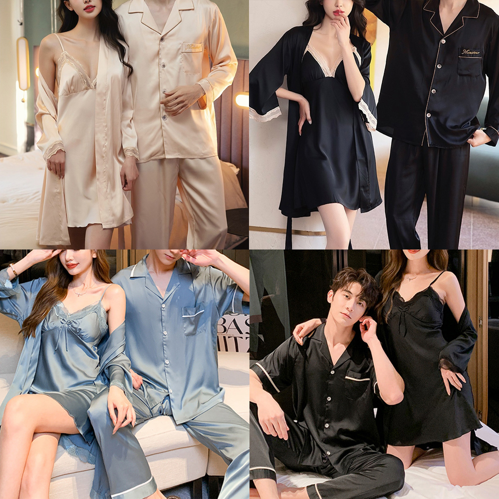 커플잠옷 실크 원피스잠옷 홈웨어 여행 남자 로브 가운 신혼부부 제품 이미지