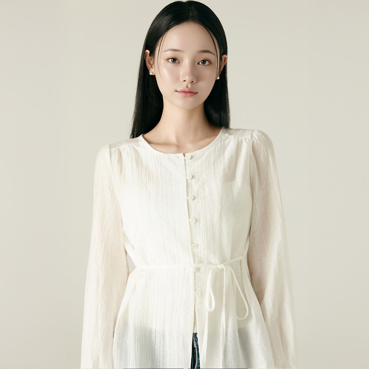 로엠 스트랩 디테일 롱 블라우스 RMBLF49RT3 제품 이미지