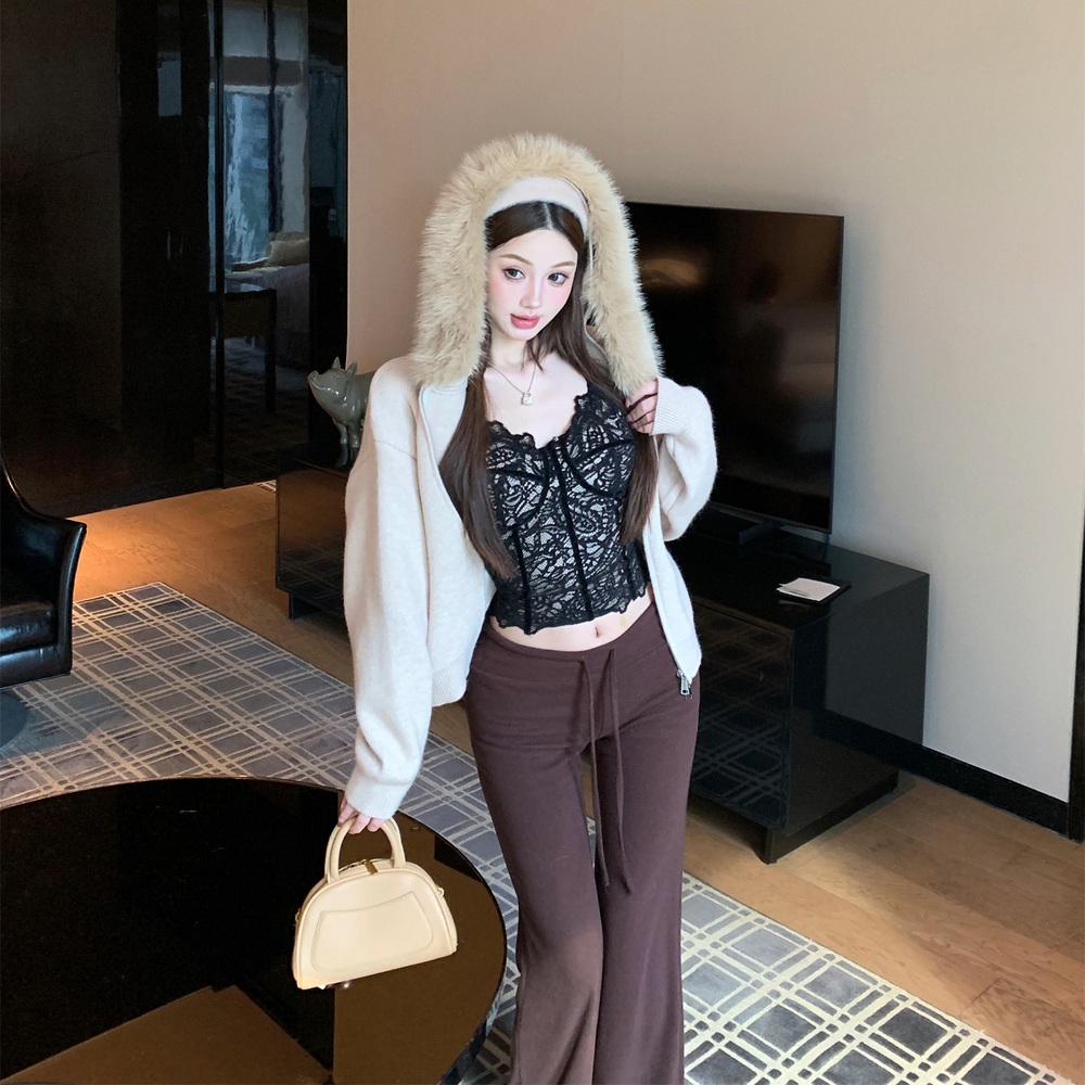 겨울 루즈핏 퍼카라 후드 니트집업 가디건 레이스 이너탑 브라운 슬림핏 팬츠 세트 이미지 6