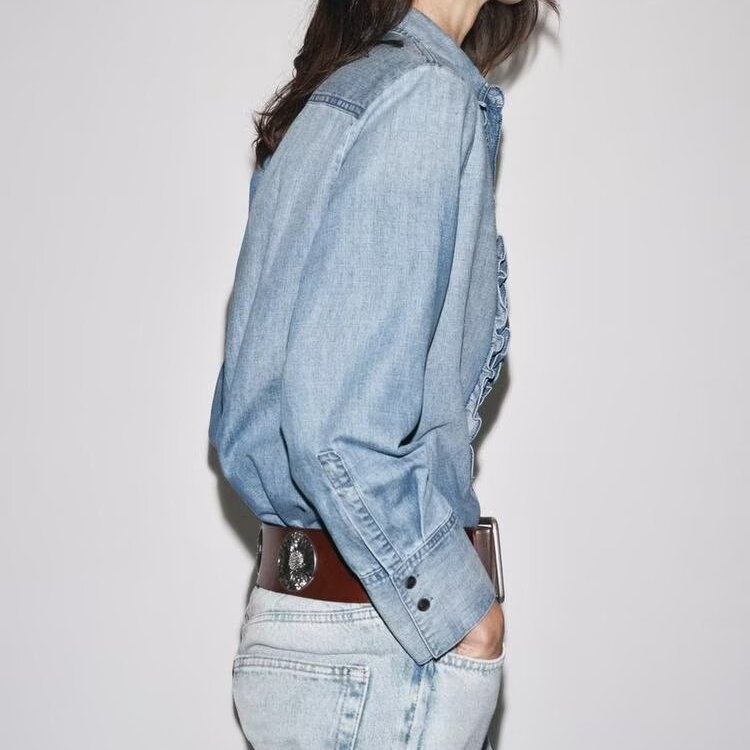 프릴 러플 데님 셔츠 여성 러블리 블라우스 긴팔 봄 가을 데일리 캐주얼 패션 블루 - 상세 이미지 4