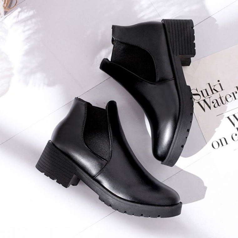 여성 블랙 베이직 심플 미들 힐 첼시 부츠 C189