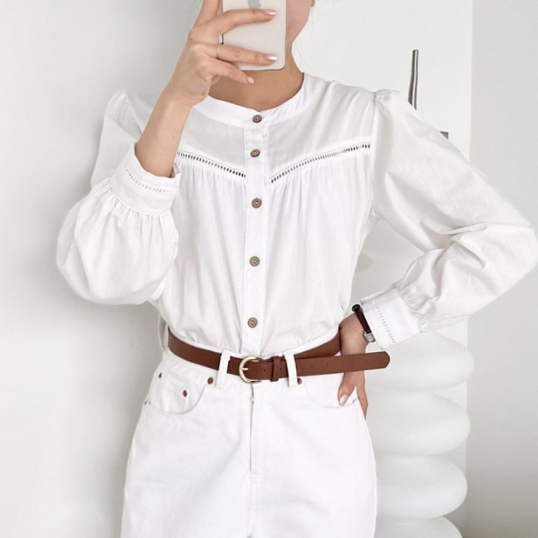 데일리 여성 블라우스 여자 펀칭 퍼프 소매 - 상품 이미지