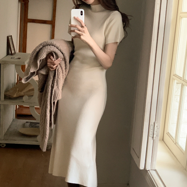 하프넥 사이드 셔링 반팔 니트 플레어 롱 원피스 op16238 제품 이미지