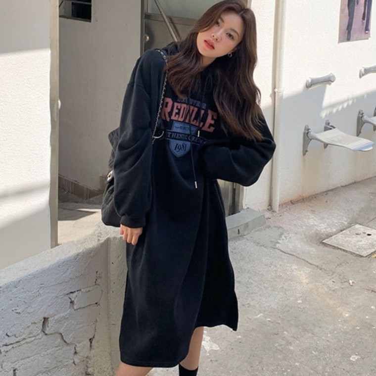 영문 여성 후드 원피스 캐주얼 여자 기모 롱 - 메인 이미지
