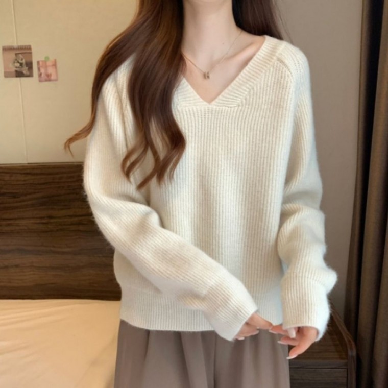 브이넥 여성 니트티 레귤러핏 여자 골지 긴팔 티셔츠 - 상품 이미지