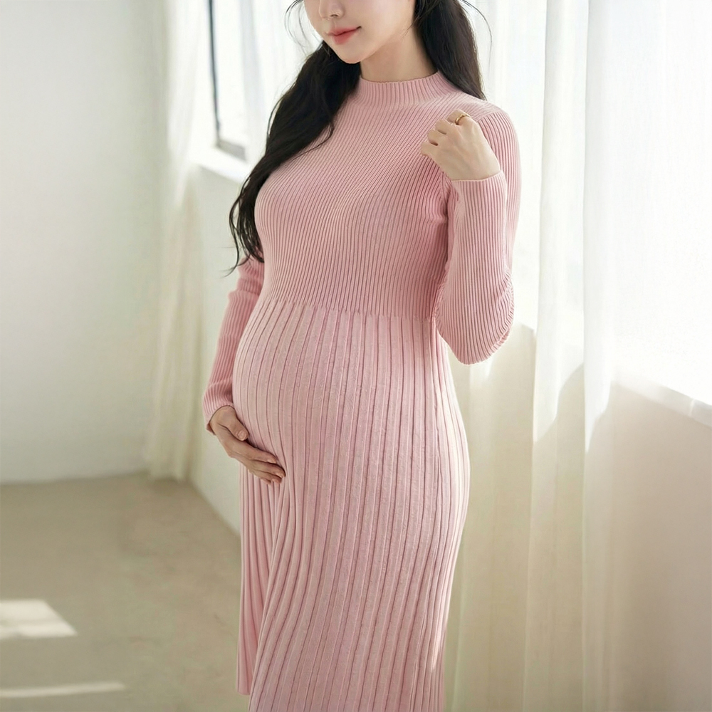 임산부 반목 니트 플리츠 원피스 임부복 출근룩 하객룩 - 상품 이미지