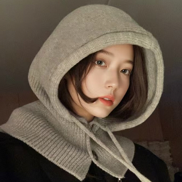 우루 니트 투버튼 후드 넥워머 바라클라바 레드 모자 목도리 귀마개 울 보온 방한 - 상세 이미지 2
