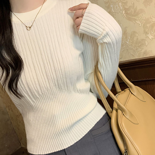 여성스러운 골지 크롭 니트탑 깔끔한 슬림핏 라운드넥 티셔츠 멋스러운 캐주얼 데일리룩 - 상세 이미지 5