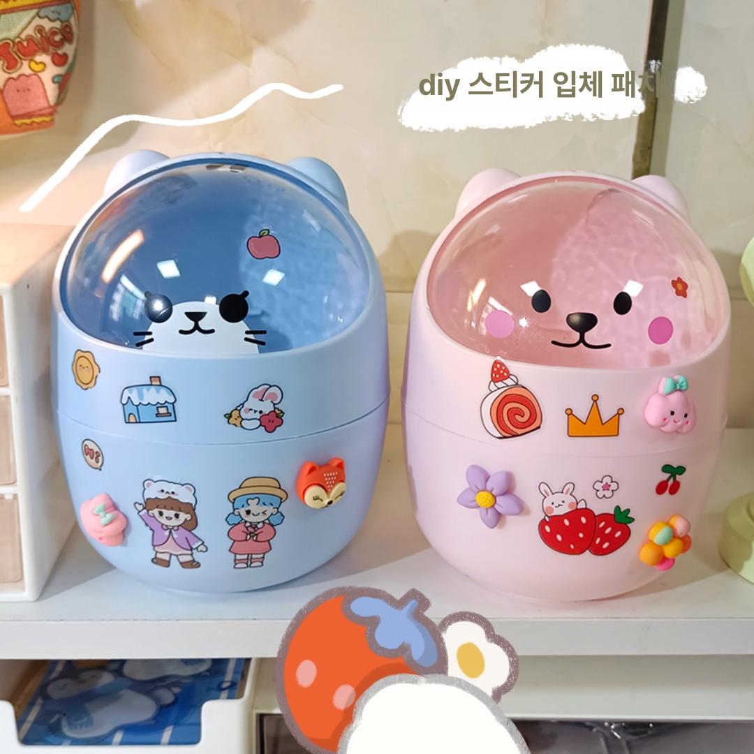 곰돌이 미니 탁상용 귀여운 쓰레기통 학생용 수납함 화이트 스티커 1개 - 상세 이미지 4