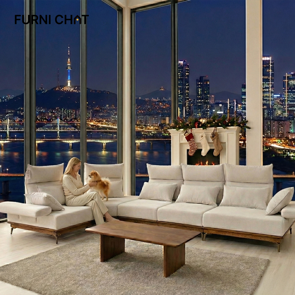 퍼니챗 헤라 6인용 코너형 아쿠아텍스 이지클린 기능성 코모도 패브릭 원목 스윙 소파