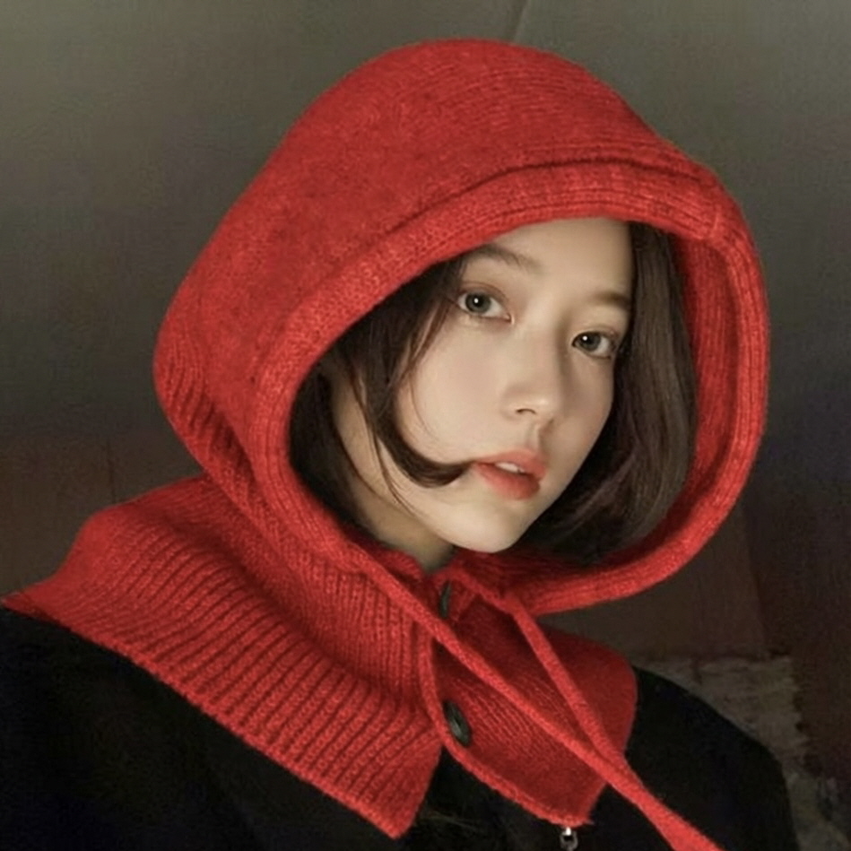 우루 니트 투버튼 후드 넥워머 바라클라바 레드 모자 목도리 귀마개 울 보온 방한 - 상품 이미지