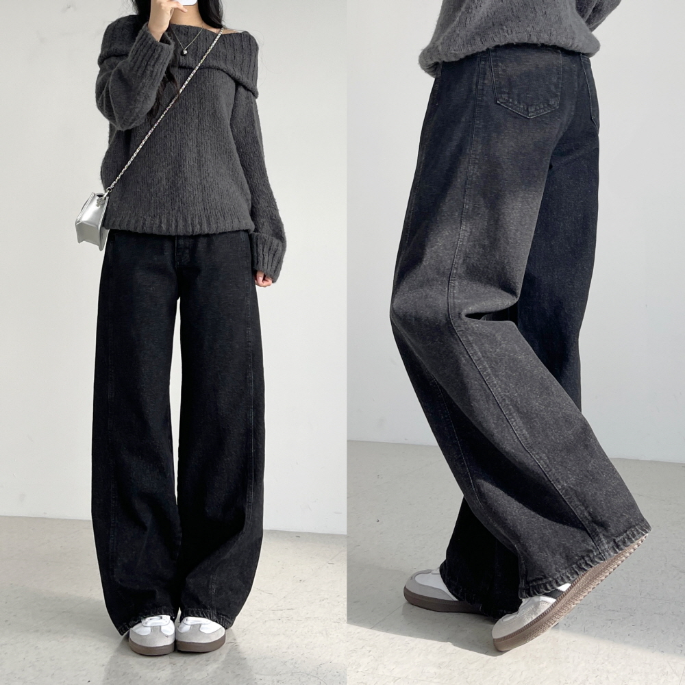 기모 흑청데님 여성 기모청바지 겨울 절개 와이드 진청 블랙진 로아절개데님팬츠 제품 이미지