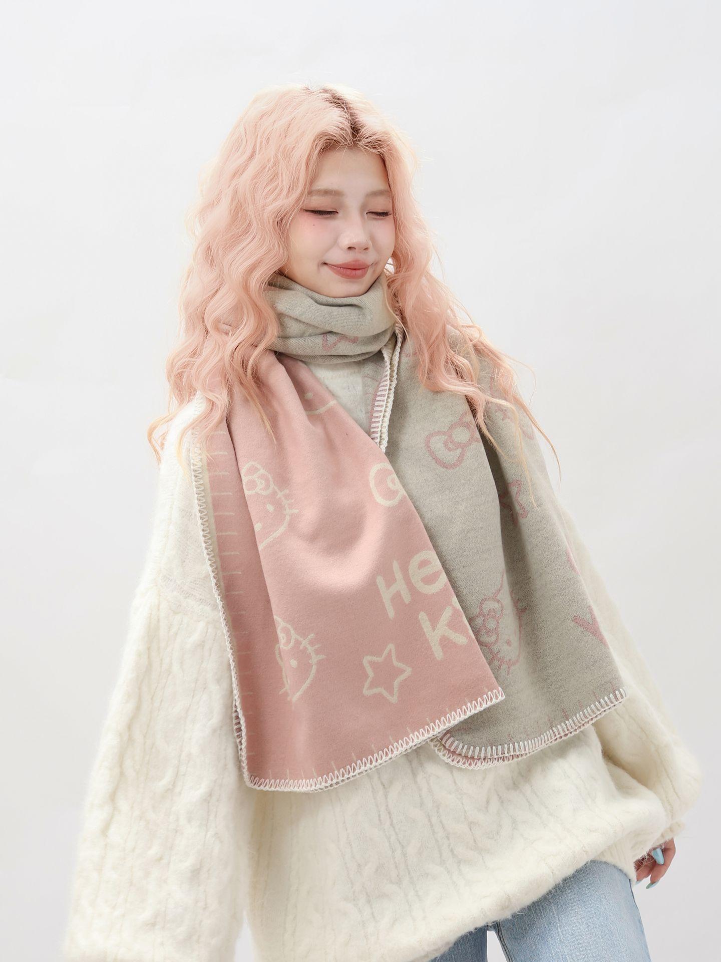 헬로 키티 양면 스카프 숄 마후라 머플러 산리오 블랙 테두리 - 상세 이미지 4