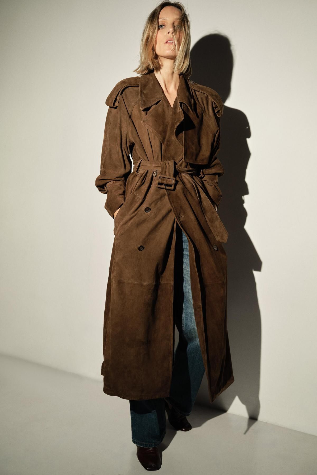 자라 100 스웨이드 레더 벨트 롱 트렌치코트 1966/247 BROWN - 상세 이미지 2