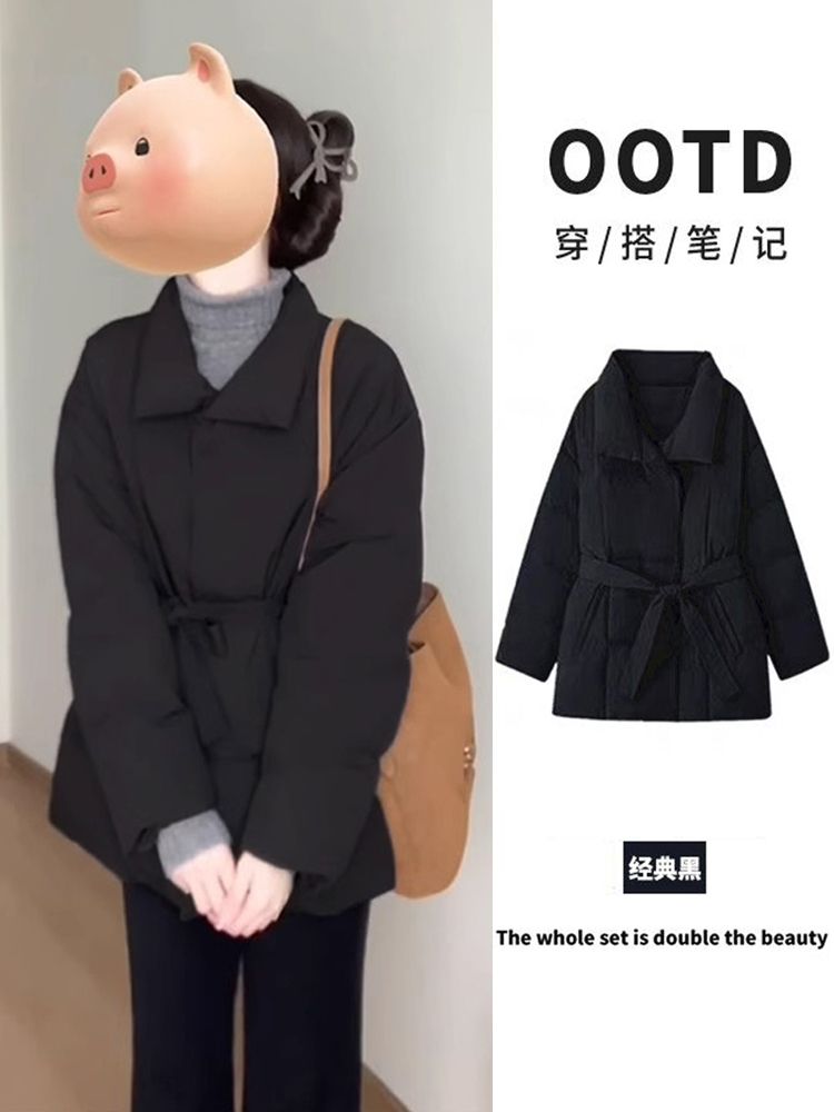 여성반패딩 트렌치구스다운 벨트 중기장 롱패딩 블랙 S - 상세 이미지 2