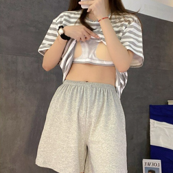 보호캡 내장 단가라 반팔 잠옷 세트 속옷내장 - 상품 이미지