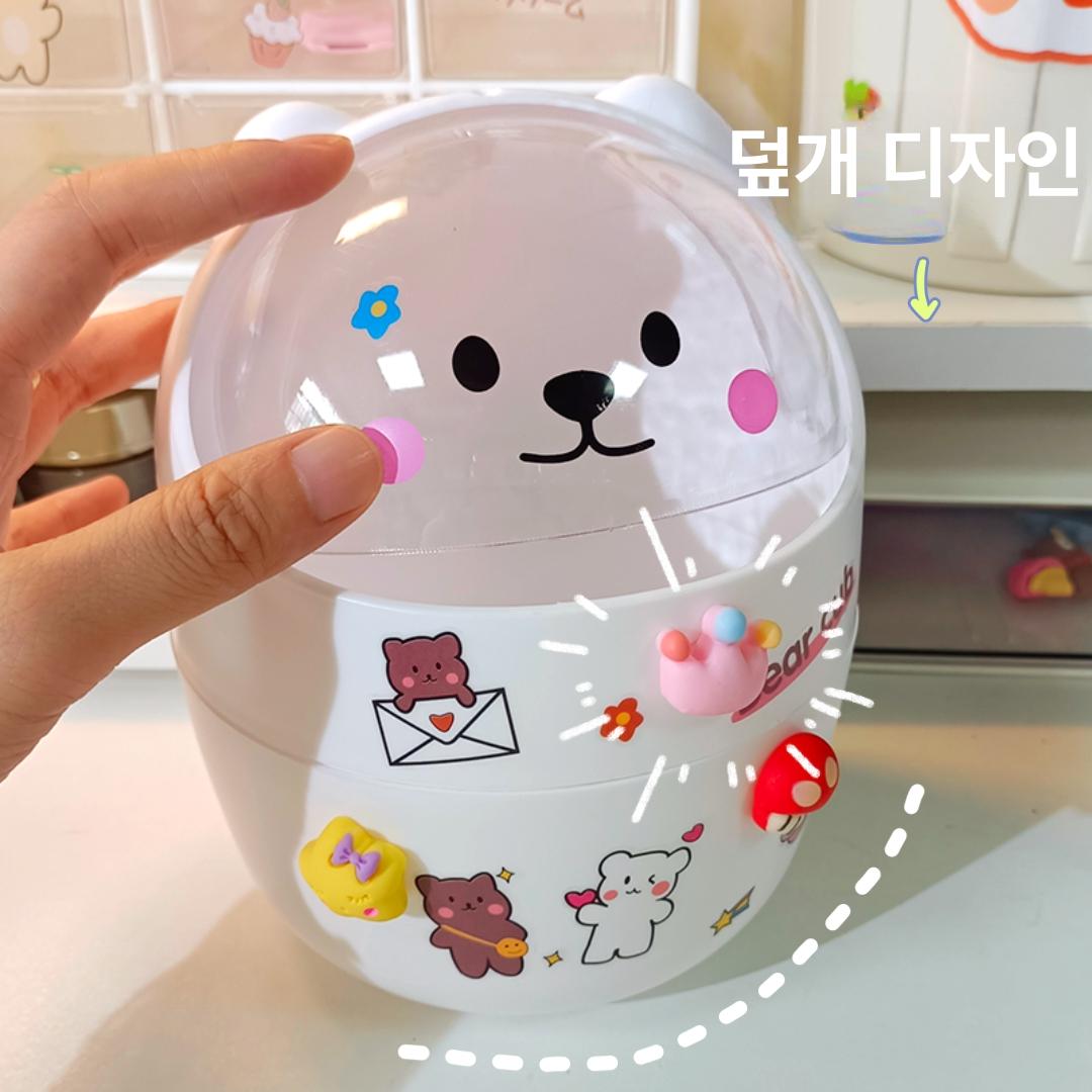 곰돌이 미니 탁상용 귀여운 쓰레기통 학생용 수납함 화이트 스티커 1개 - 상세 이미지 3