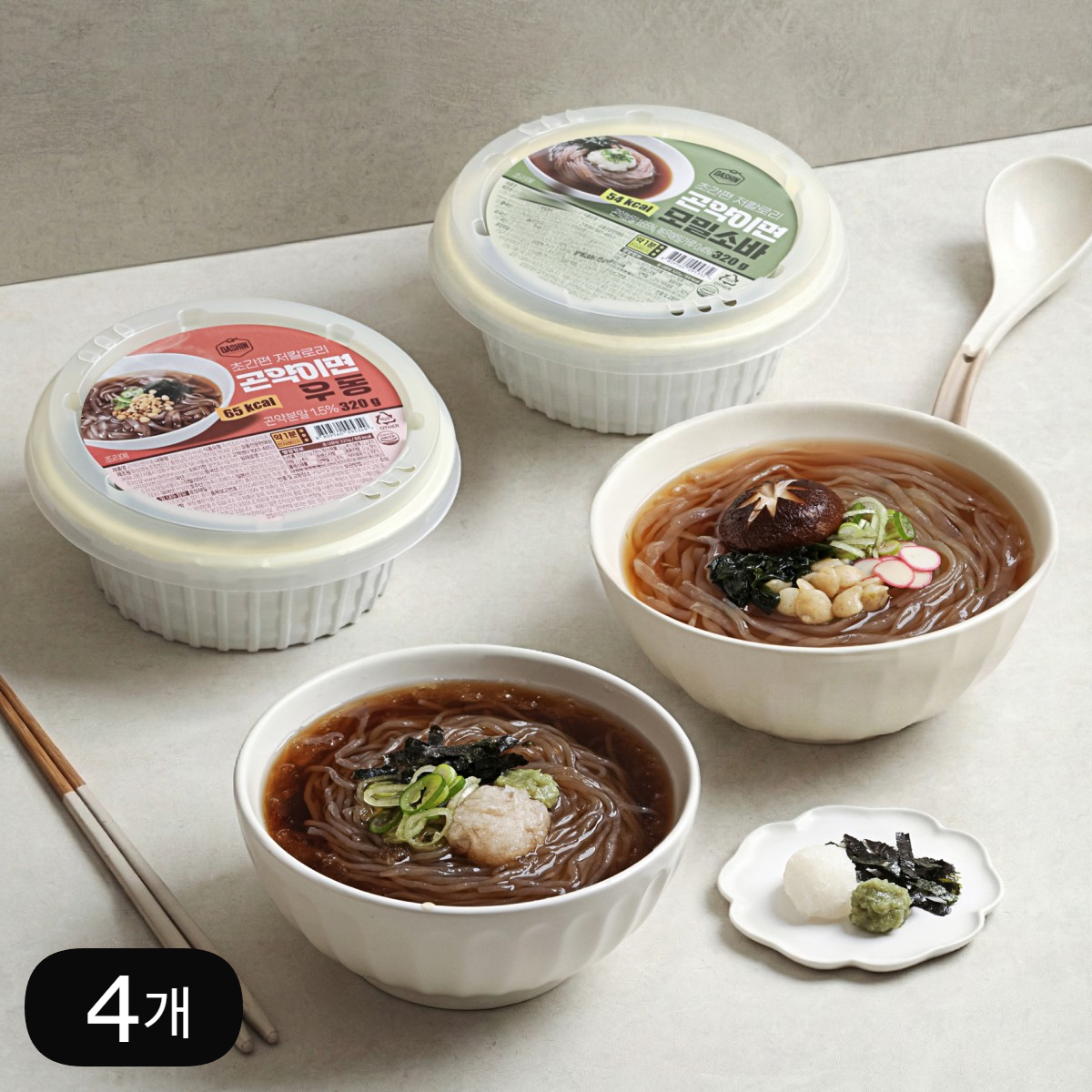 다신샵 54kcal 바로먹는 곤약이면 2종 4개 / 노밀가루 발효곤약 모밀소바 우동 - 상품 이미지