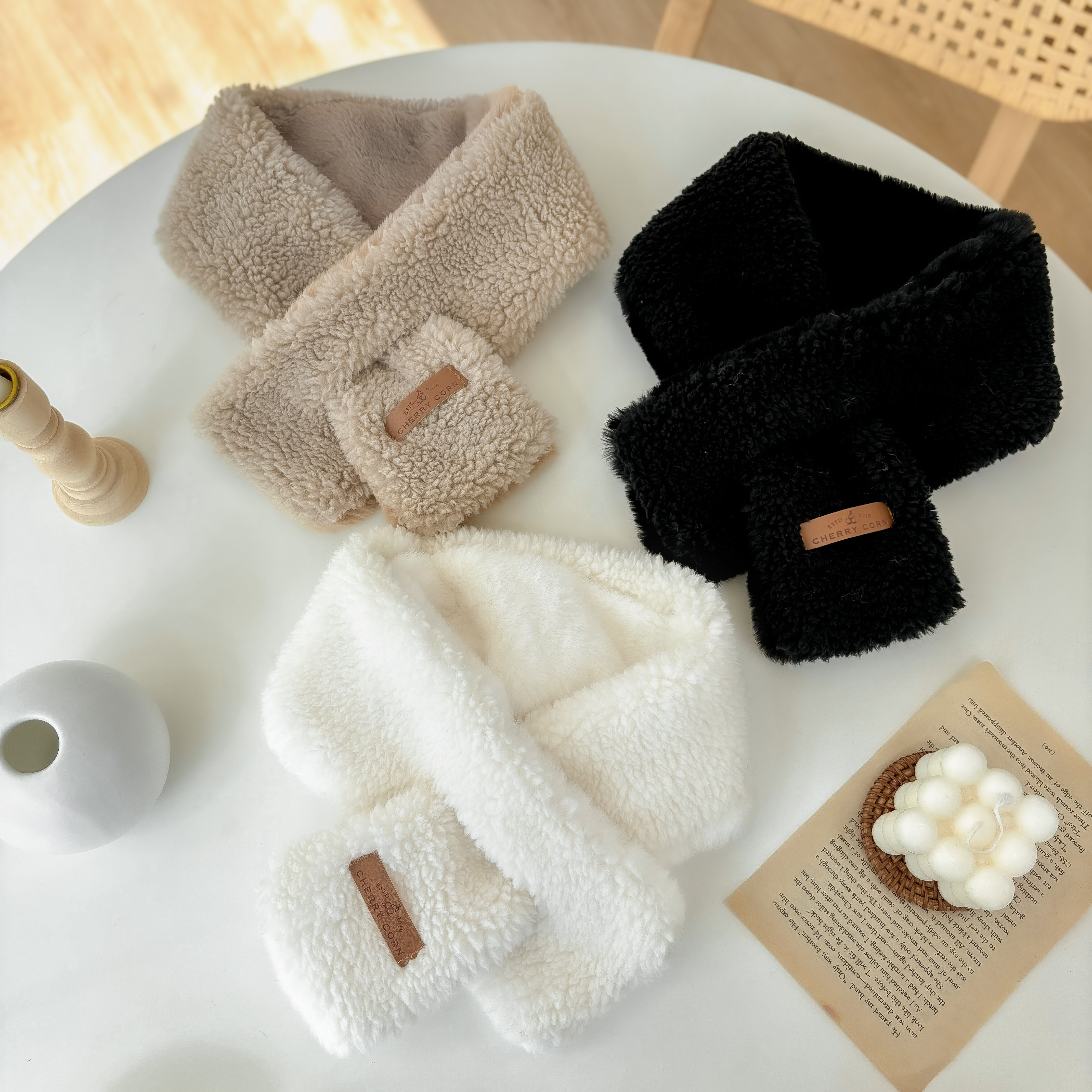 쁘띠 목도리 남자 여자 아이보리 커플 미니 니트 울터치 짧은 숏 부드러운 머플러 아이보리 제품 이미지