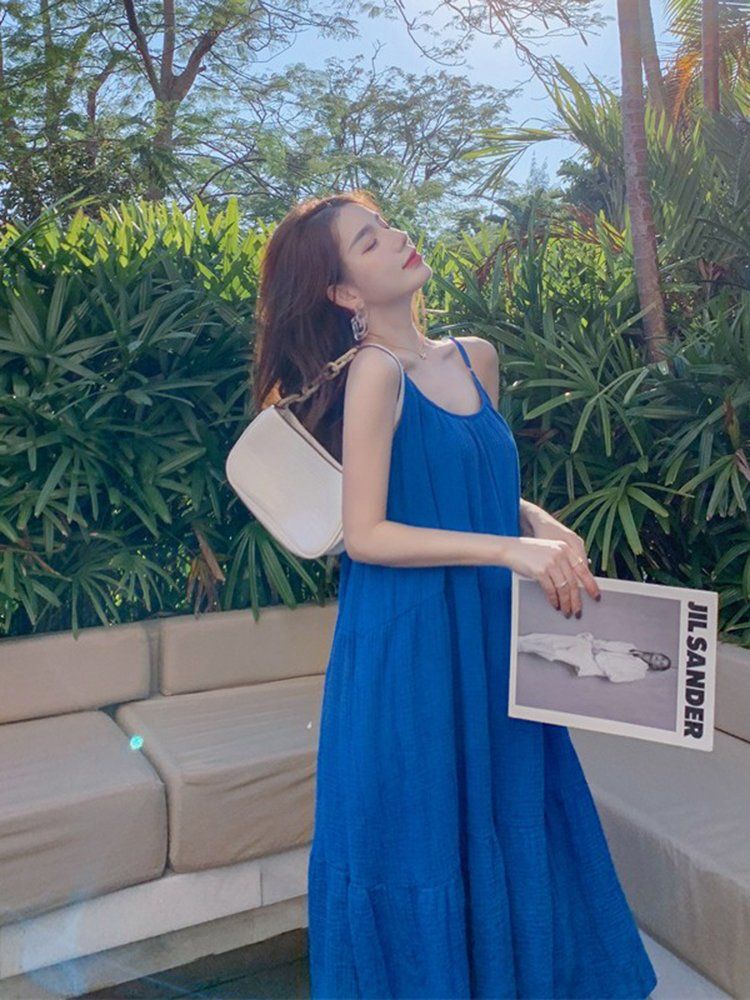 블루원피스 연예인룩 빅사이즈 여름 여성 휴양지 롱원피스 신혼여행 원피스 루즈핏 롱 - 상세 이미지 4