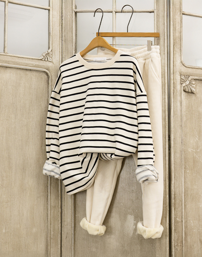 [무배] 시보리 단가라 스트라이프 가을겨울 기모 티셔츠 루즈핏 제품 이미지