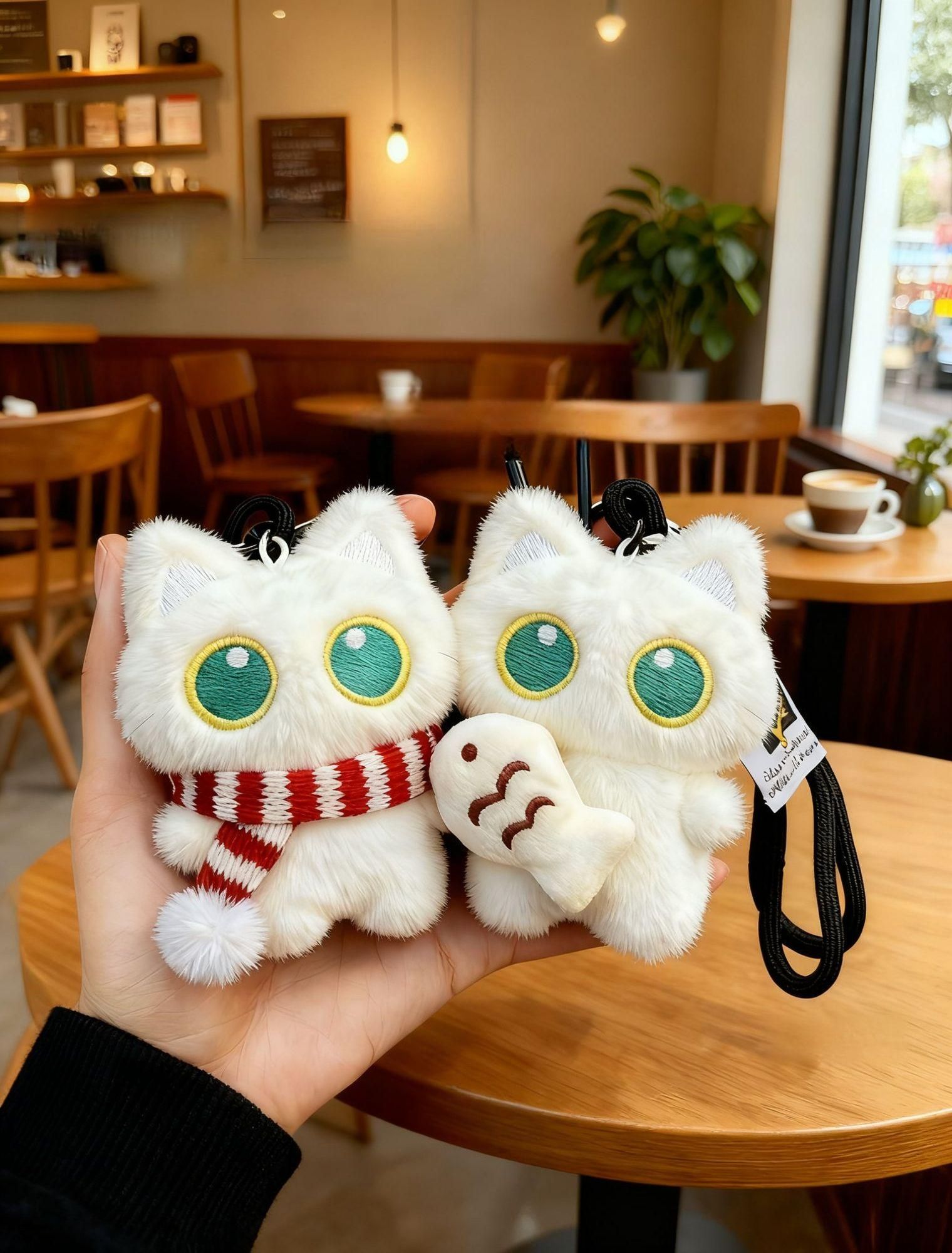 귀여운 검정 고양이 물고기 인형 키링 커플 가방고리 블랙캣포옹+레드+화이트스카프화이트캣 - 상세 이미지 4