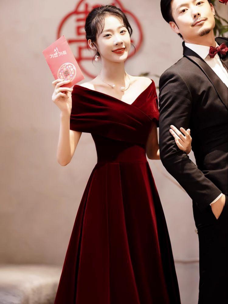 오프숄더 드레스 연주회 원피스 피로연 럭셔리 이브닝 벨벳 숏 115CM XS - 상세 이미지 3