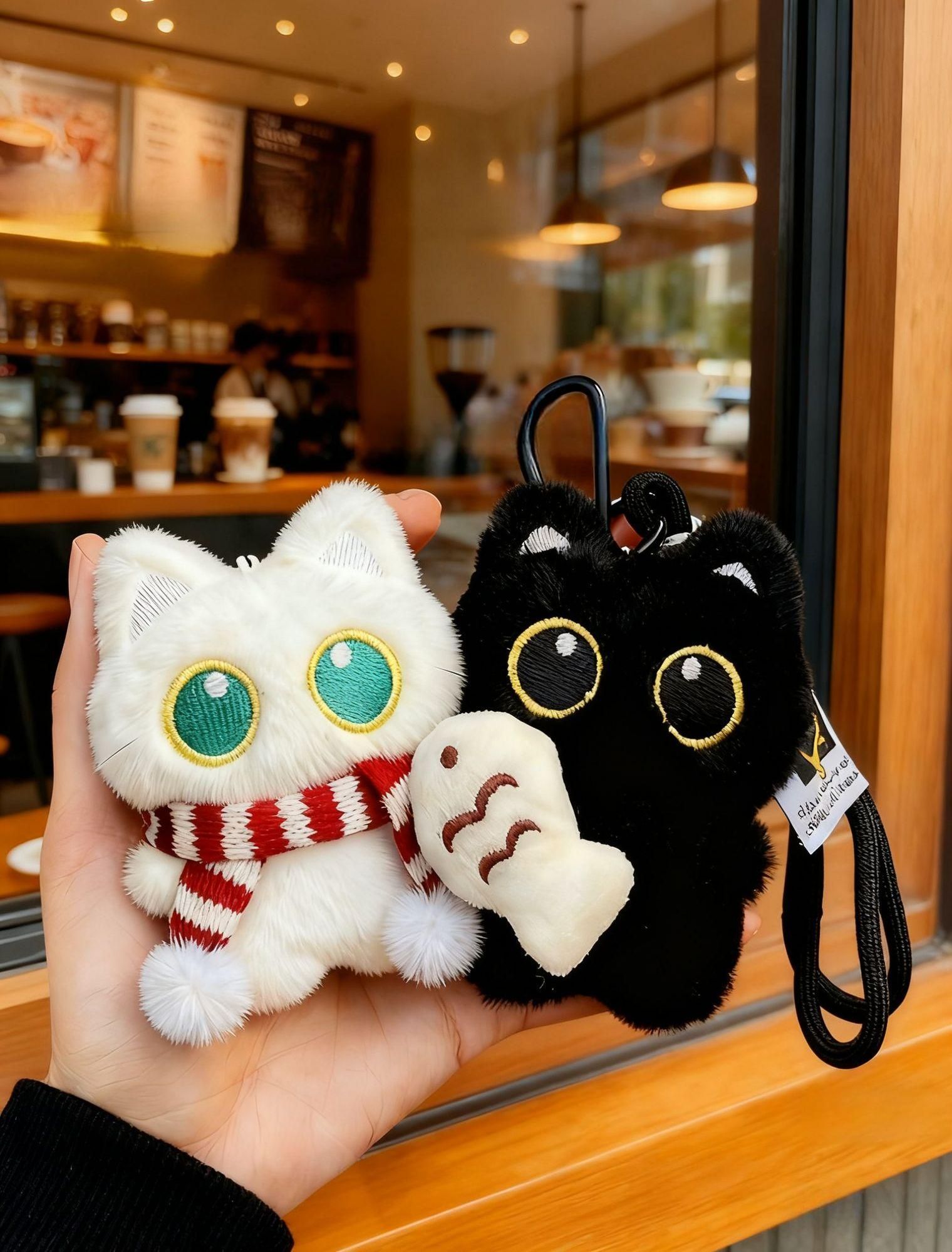 귀여운 검정 고양이 물고기 인형 키링 커플 가방고리 블랙캣포옹+레드+화이트스카프화이트캣 - 상세 이미지 2