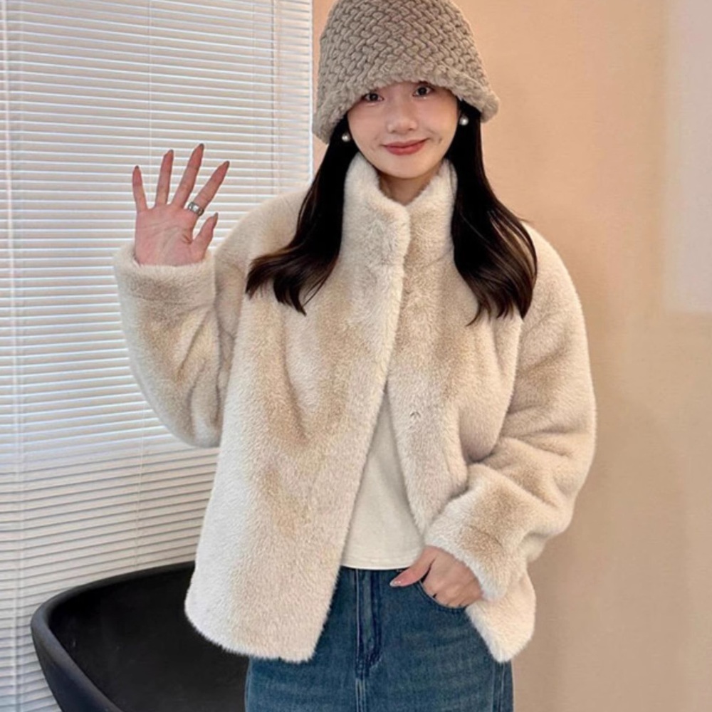 여성 퍼자켓 두꺼운 짧은 후드 상의 재킷 루즈 겨울 가을 모피 페이크 밍크 모조 신상 - 상세 이미지 2