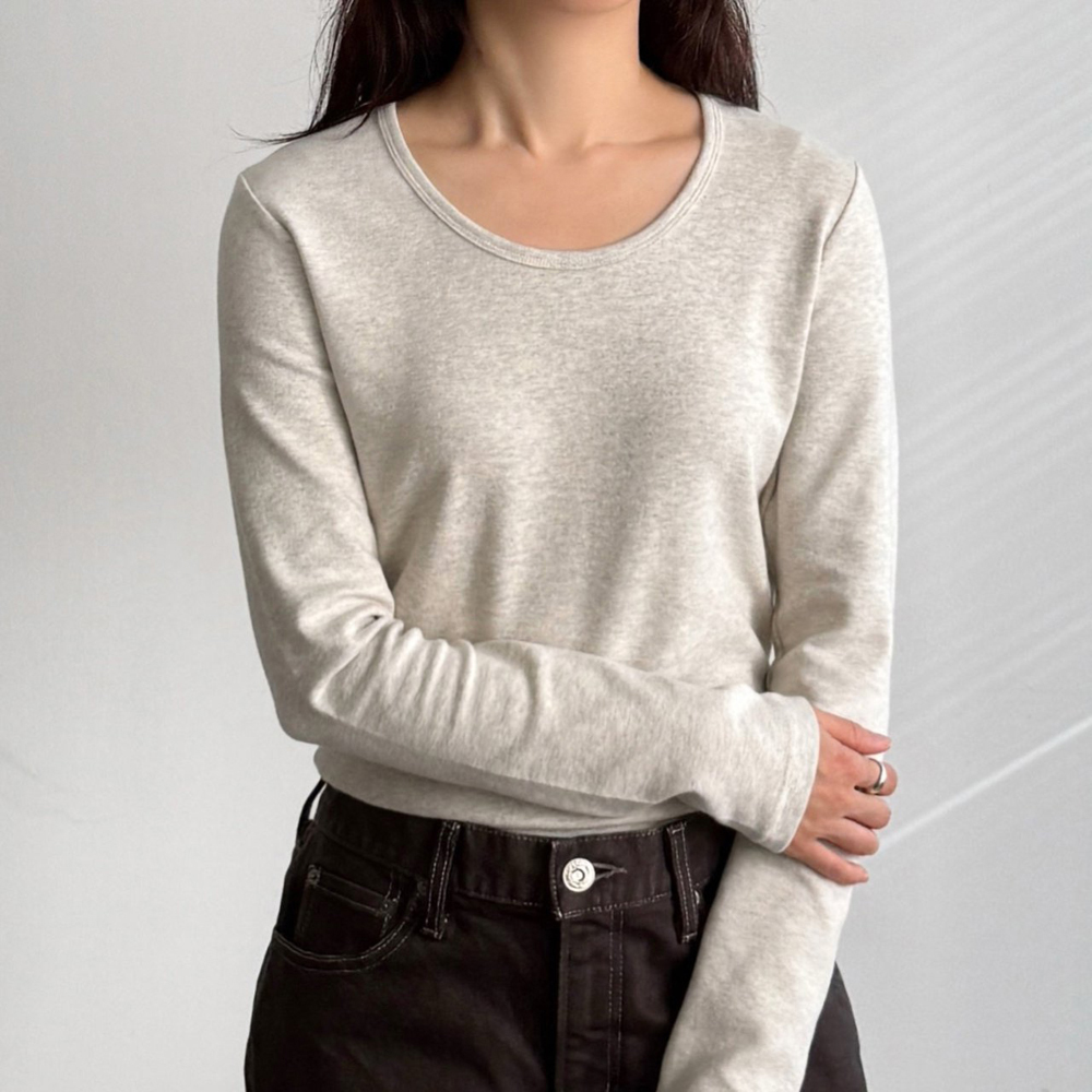 피치기모 면 스판 U넥 여성 티셔츠 기본 라운드 이너티 겨울 여자 기모 티셔츠 긴팔티 - 상세 이미지 3