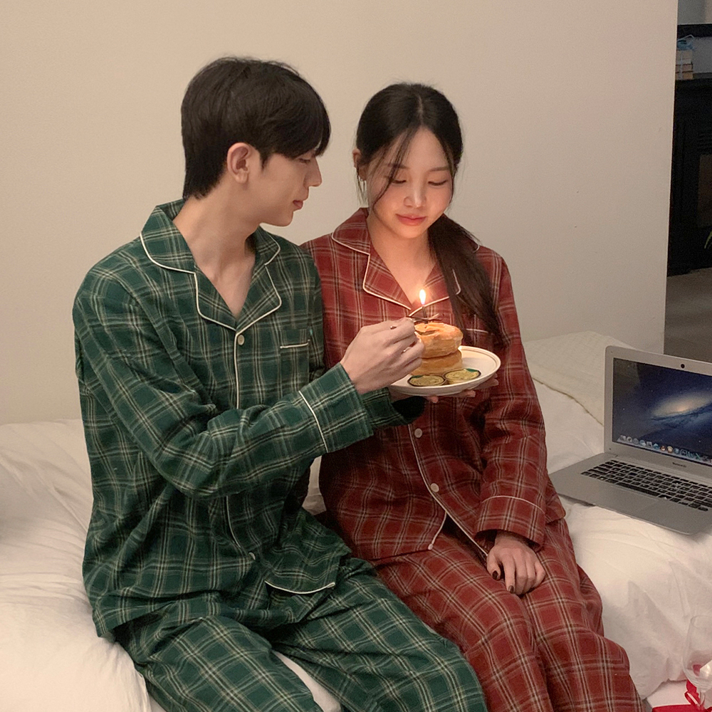 어뮤즈 체크 커플파자마 크리스마스 홈파티 겨울 긴팔 잠옷세트 2color - 상세 이미지 4