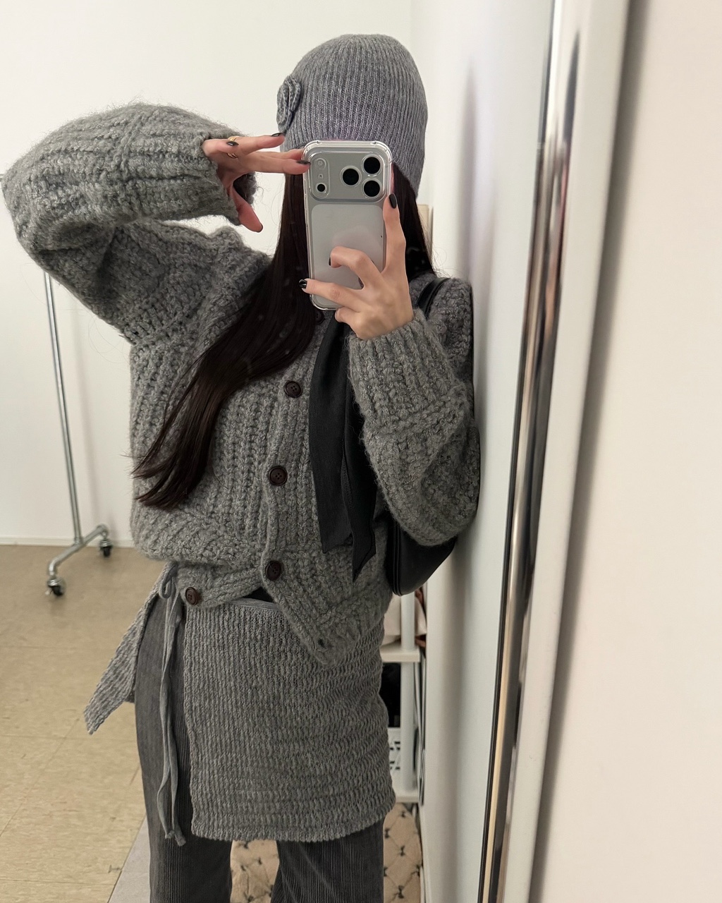 뎀코 여성 겨울 울 알파카 라운드 노카라 하찌 골지 레이어드 이너 긴팔 가디건 - 상품 이미지