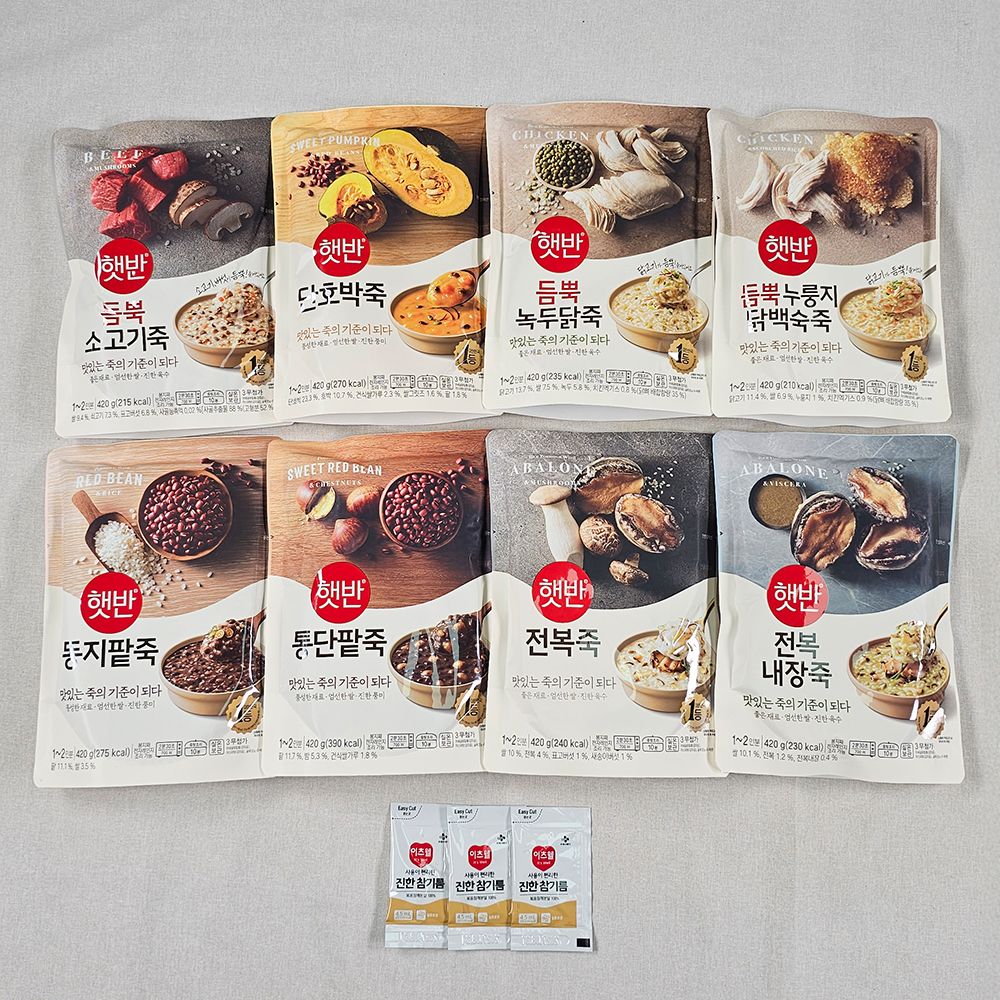 비비고 죽 420g 8개 세트 (소고기 단호박 녹두닭 동지팥 통단팥 전복 전복내장 누룽지닭백숙 참기름) - 상품 이미지