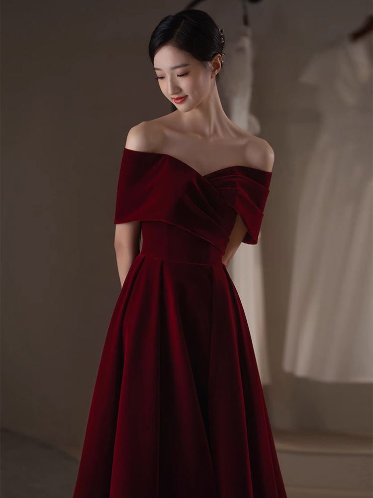 오프숄더 드레스 연주회 원피스 피로연 럭셔리 이브닝 벨벳 숏 115CM XS - 상세 이미지 5
