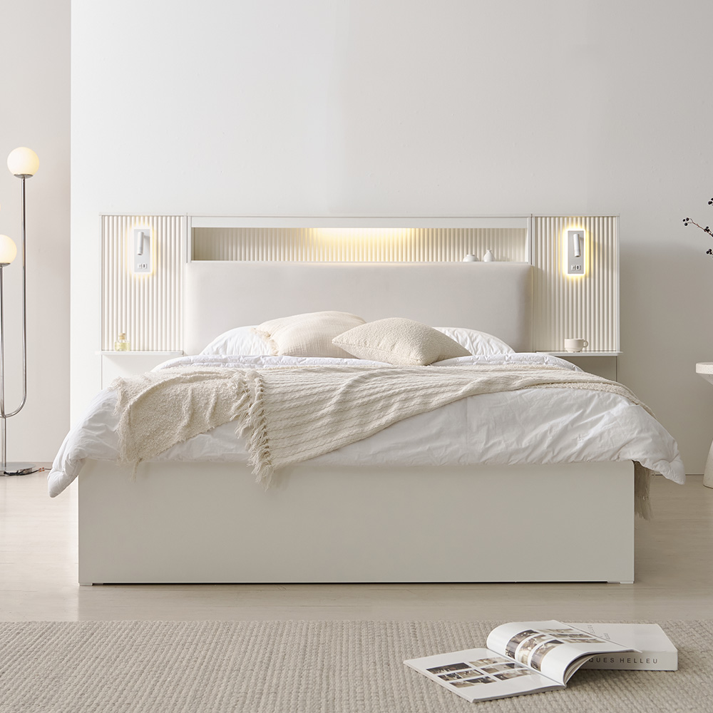 루카 LED 서랍형 수납 침대 프레임 무헤드형, SS(슈퍼싱글), 아이보리 이미지 7