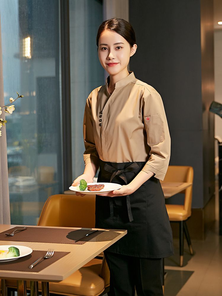 레스토랑 유니폼 식당 홀서빙 복장 단체복 셔츠 작업복 남성 7부 소매 베이지 3종 세트 M - 상세 이미지 4
