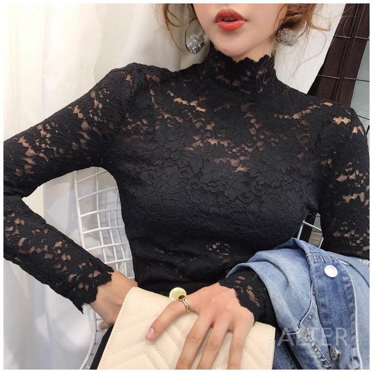 플라워 레이스 시스루 블라우스 빅사이즈 좋은 반폴라 - 상세 이미지 4