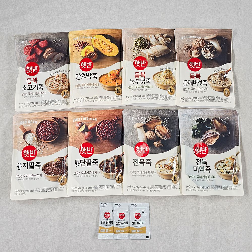 비비고 죽 420g 8개 세트 (소고기 단호박 녹두닭 동지팥 통단팥 전복 전복미역 들깨버섯 참기름) - 상품 이미지