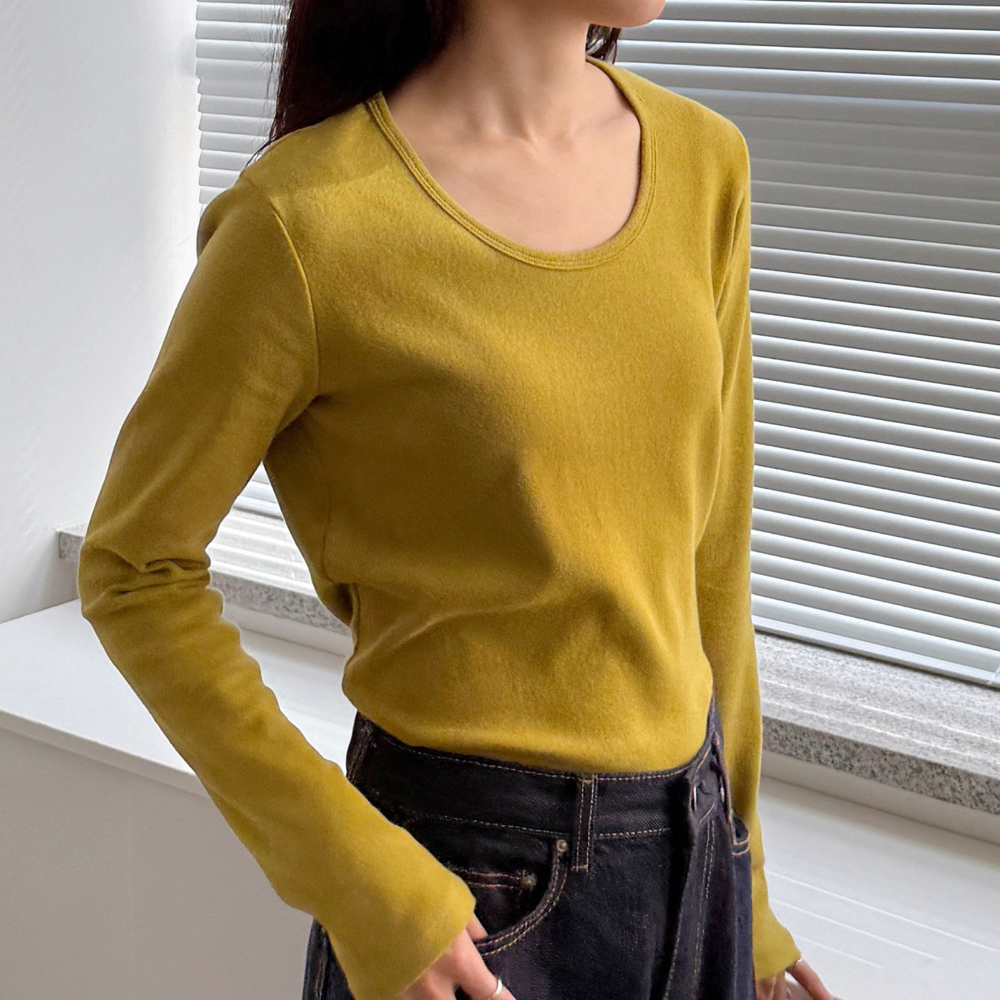 피치기모 면 스판 U넥 여성 티셔츠 기본 라운드 이너티 겨울 여자 기모 티셔츠 긴팔티 이미지 6