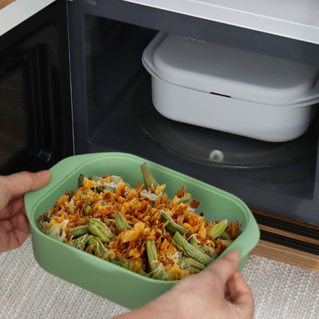 사각 전자레인지 실리콘찜기 이유식 만두 야채 양배추찜기 라면용기 그라탕기 1100ml, 그린 - 상품 이미지
