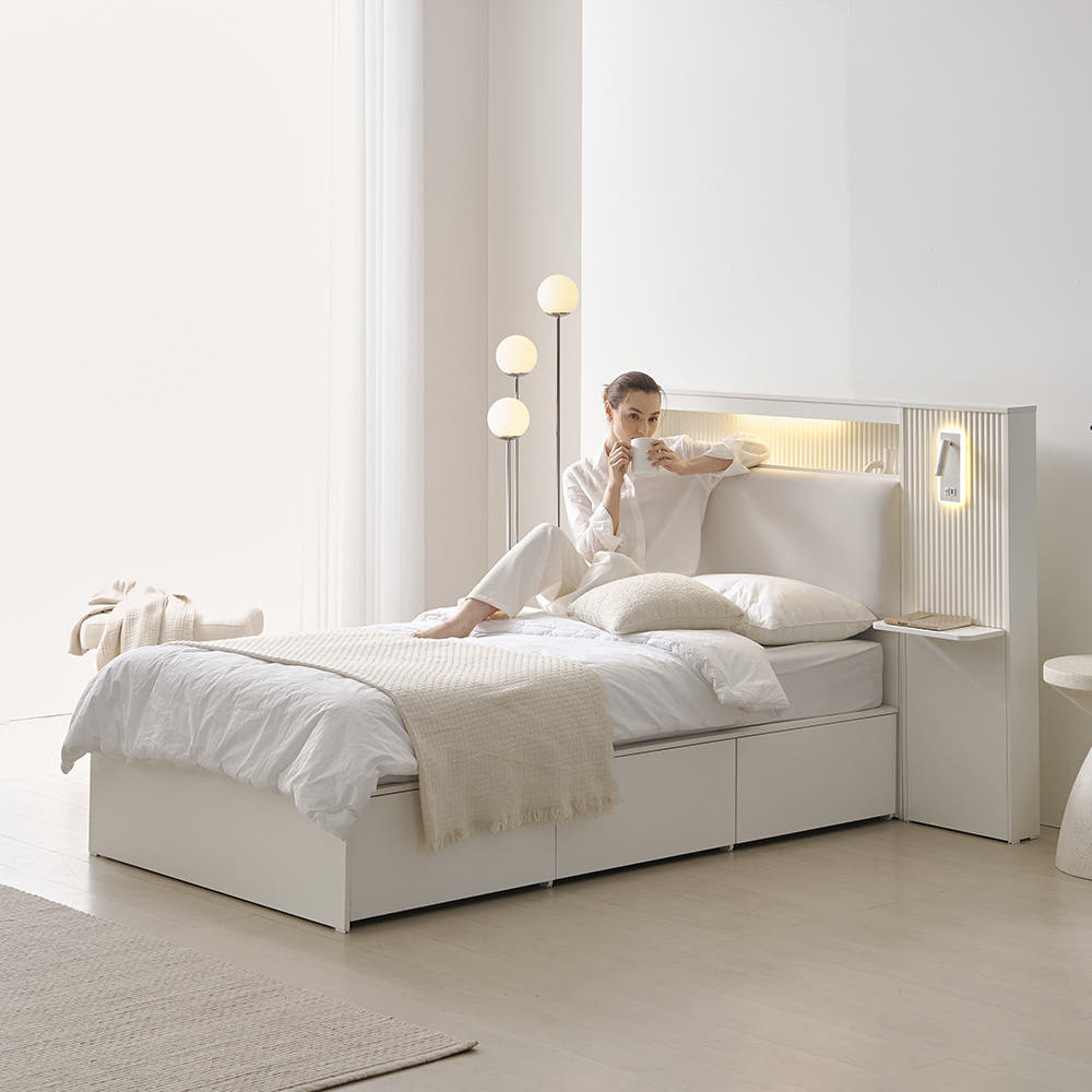 웰퍼니쳐 루카 LED 서랍형 수납 침대 프레임 패브릭 헤드형 SS 아이보리