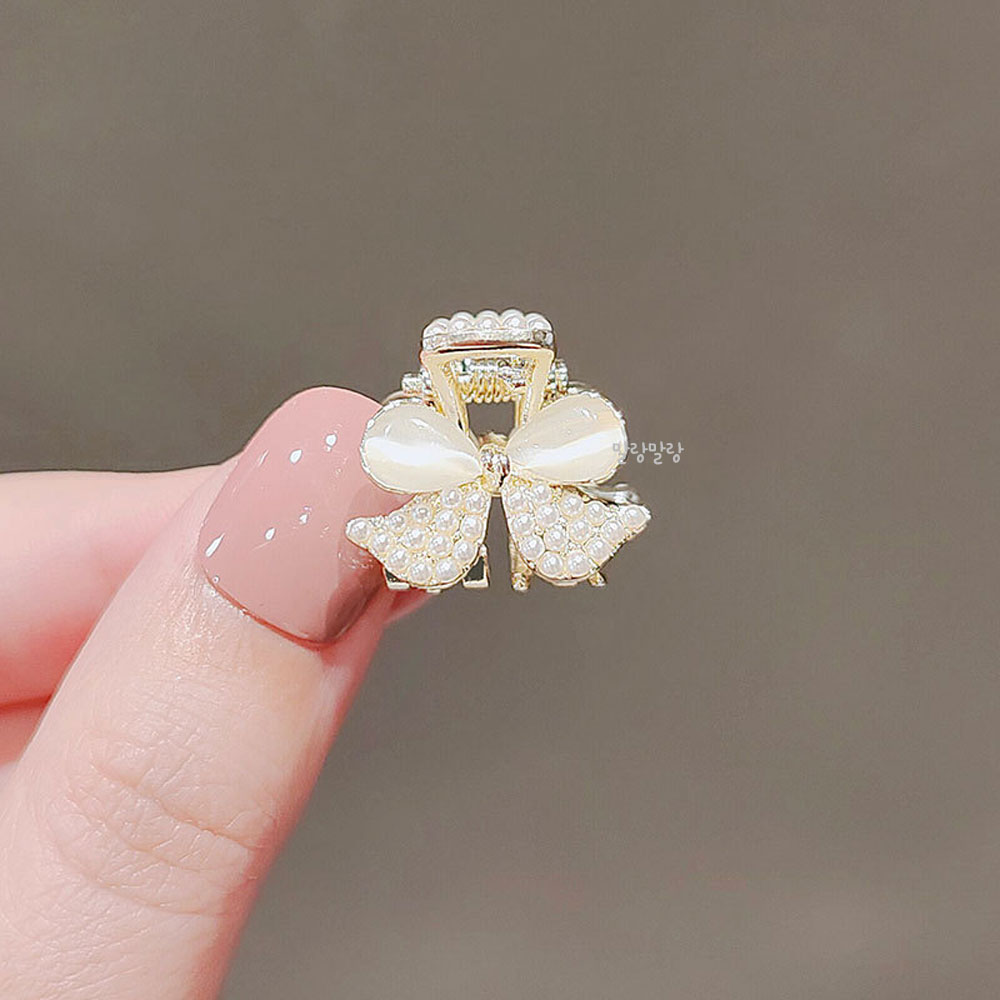 화이트 진주 리본 미니집게핀 러블리 옆머리 디스코 헤어핀 - 상세 이미지 2